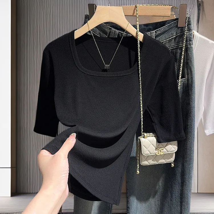 黑色螺纹方领中袖打底衫女内搭修身T恤显瘦气质五分袖洋气上衣服