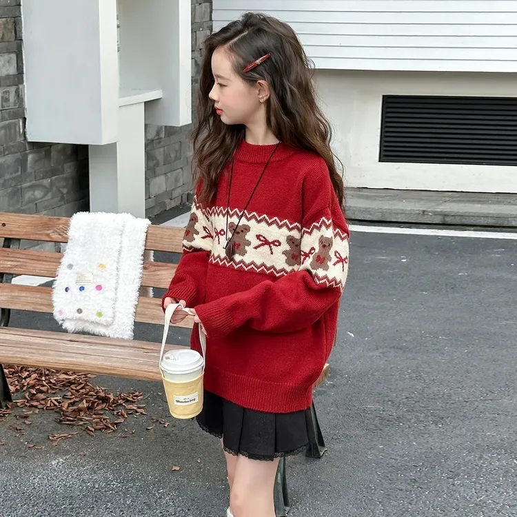 女童毛衣2025秋冬装新款洋气时髦中大童韩系蝴蝶结小熊保暖针织衫