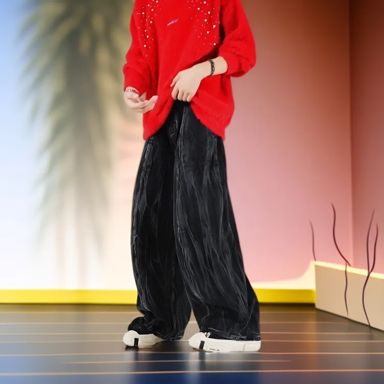 14.5盎司重磅高端版阔腿牛仔裤，大理石纹理面料，重磨洗水扎花起痕