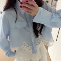 2025秋季新款短款衬衫女长袖蕾丝拼接百搭甜美衬衣1