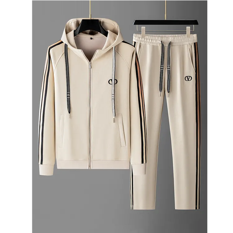 富比莫维开衫两件套装撞色织带太空棉男士卫衣连帽休闲运动套装男