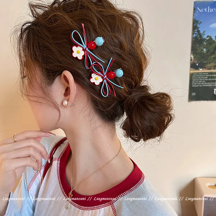 撞色花朵蝴蝶结发夹女侧边夹前额碎发刘海夹2025新款高端发卡发饰