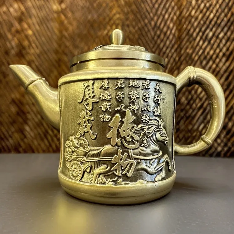 新款纯黄铜【厚德载物】可旋转盖子黄铜山水壶轻奢复古家用装饰摆件