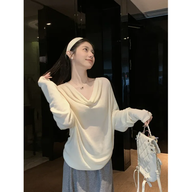莱赛尔天丝气质高级感荡领斜肩一字肩宽松显瘦长袖针织T恤上衣