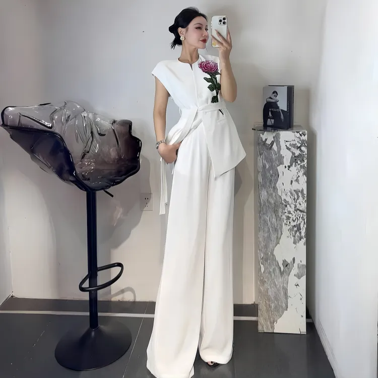 白色西装套装白色西服气质重工刺绣名媛宽松职业轻熟无袖西装套装