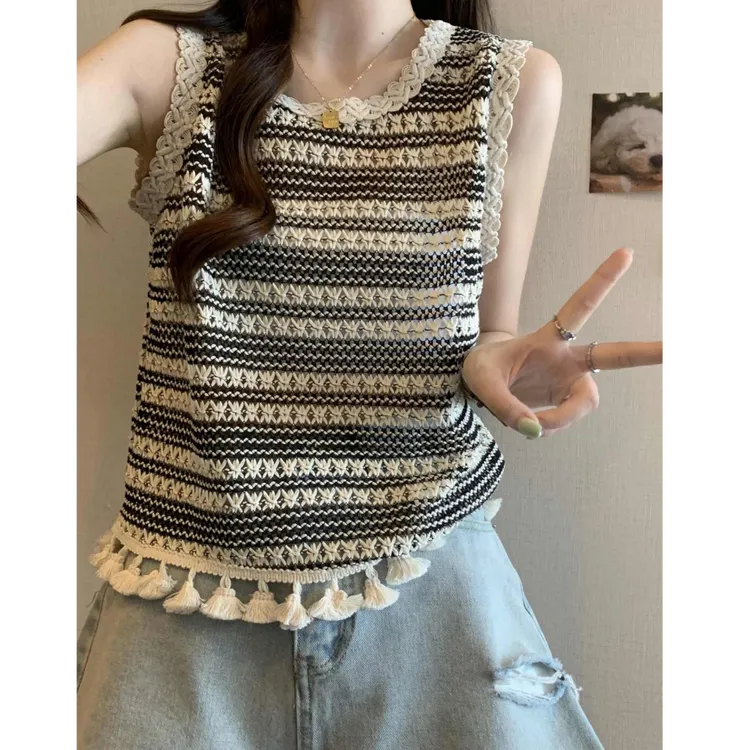 波西米亚度假风小香钩花镂空针织条纹背心女宽肩遮副乳流苏无袖潮