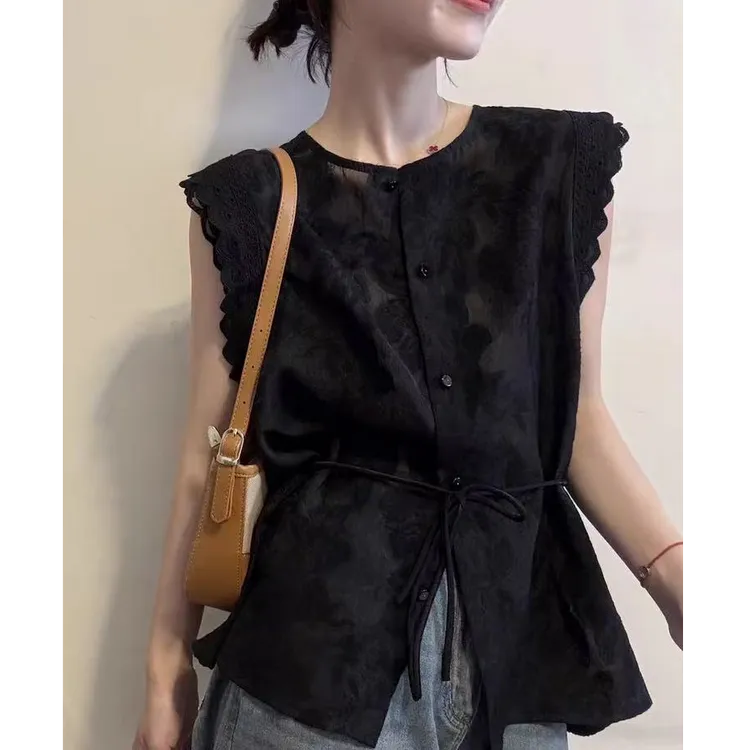 夏季新款气质百搭休闲显瘦设计感提花暗纹背心无袖衬衫女款上衣