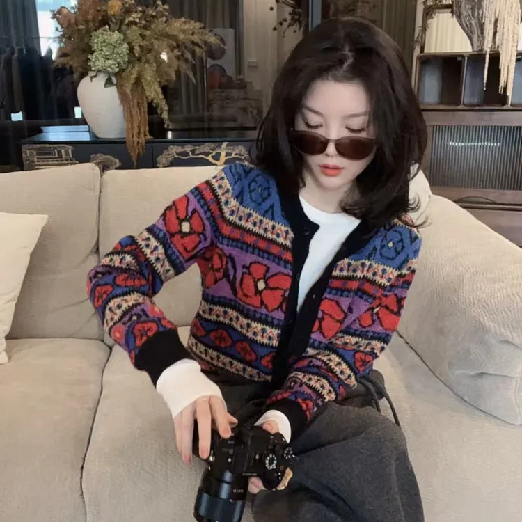 【悦悦专属】复古撞色文艺慵懒风针织毛衣Y1070