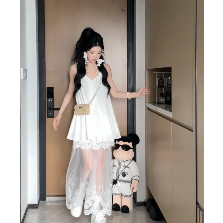 parkyeon高级感木耳边V领无袖气质上衣女夏季高腰垂感半身裙套装