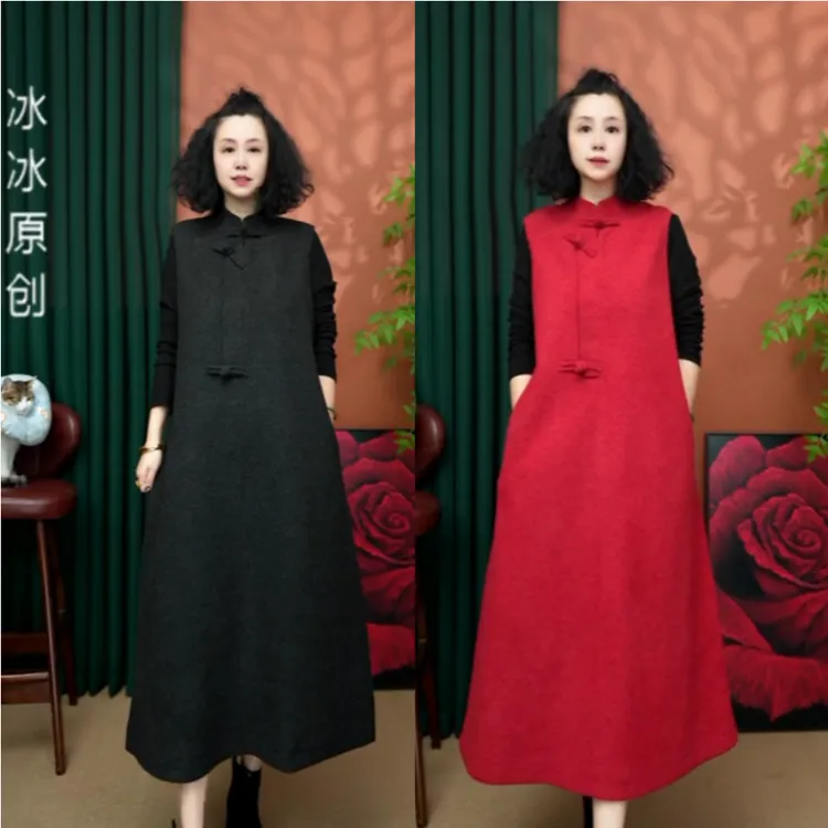 【冰冰1054】秋冬复古新中式显瘦时尚盘扣马甲裙-1054