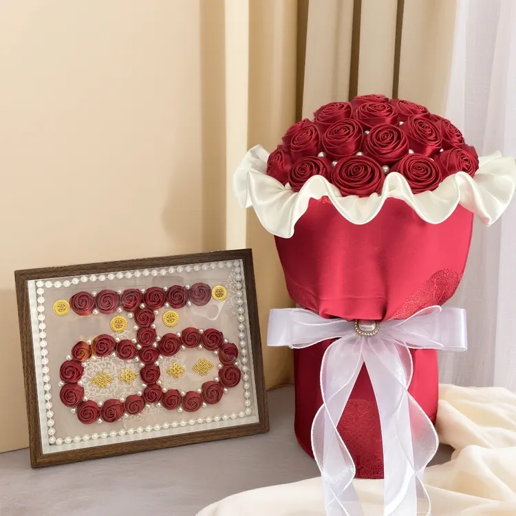 非金属仿珍珠婚庆饰品 蒙古元素红色手工绸缎花束  适合送礼