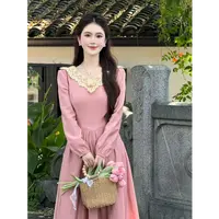 【蜜桃少女】LiLi法式宫廷风复古设计款粉色蕾丝连衣裙XMZH9106