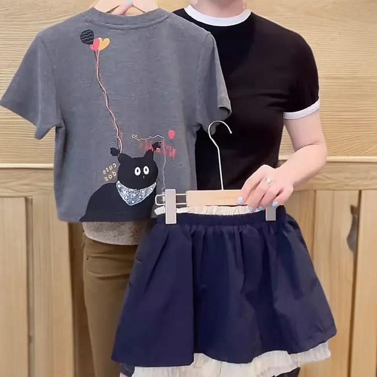 女童卡通印花短袖半身裙套装2025夏款中大童T恤假两件短裤裙裤潮