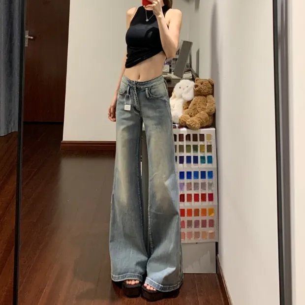 美式复古慵懒感显瘦喇叭裤女2025秋季高腰百搭宽松显瘦拖地牛仔裤