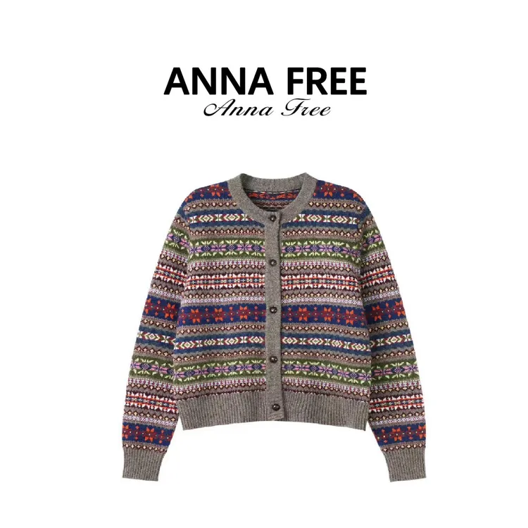 ANNA FREE 费尔岛羊毛彩条开衫针织外套女经典宽松显瘦毛衣Z8717