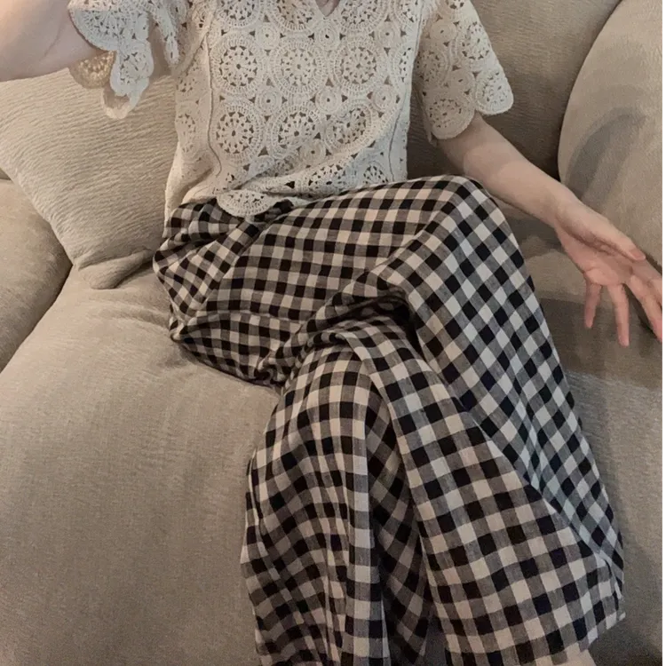 【悦悦专属】夏季格子阔腿宽松休闲裤Y185