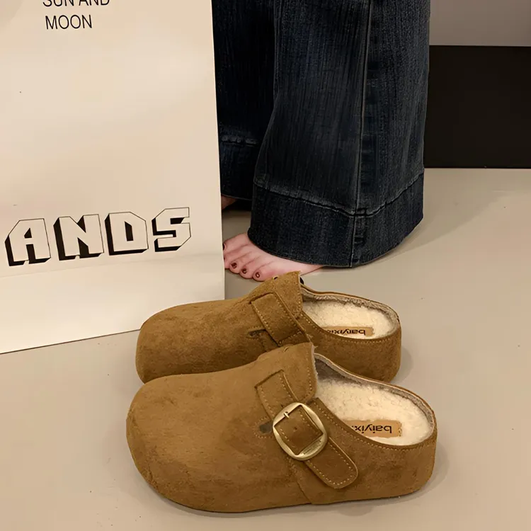 半包厚底拖鞋复古加绒勃肯包头半拖女外穿2025新款秋冬内增高棉拖