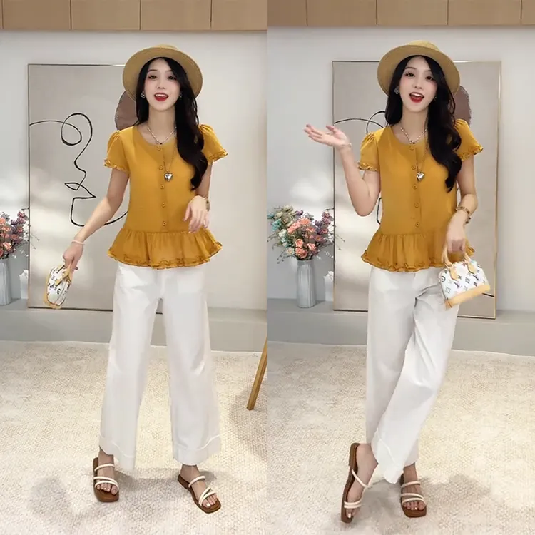 夏季韩版减龄设计感下摆花边短袖上衣女时尚洋气小个子显瘦两件套
