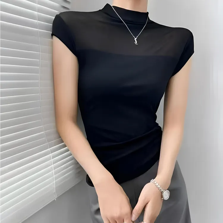 夏黑色网纱上衣显瘦设计感透气轻薄性感修身时尚百搭无袖打底衫