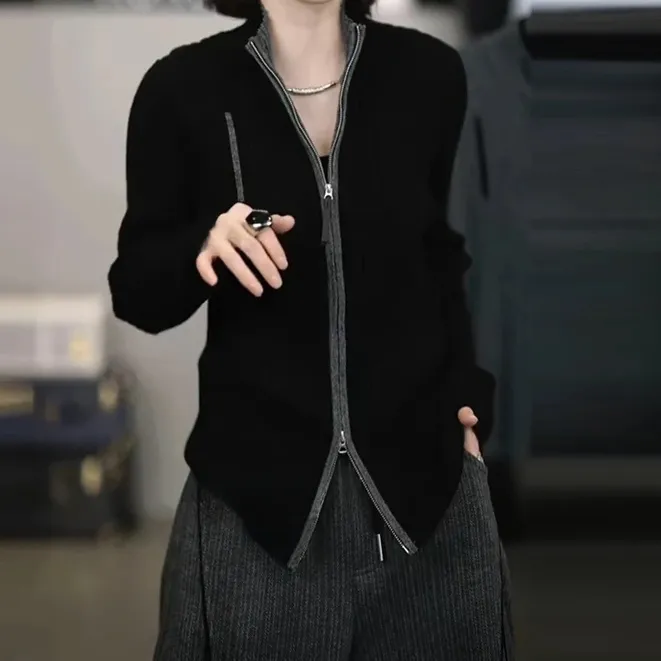 2025秋季新款气质简约百搭针织衫女韩系设计感双拉链显瘦开衫外套
