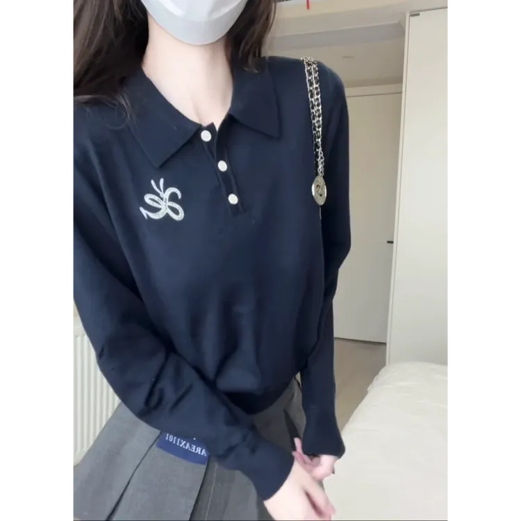 MARIE.COCO法式学院风polo领长袖上衣女甜美防走光百褶裤裙两件套