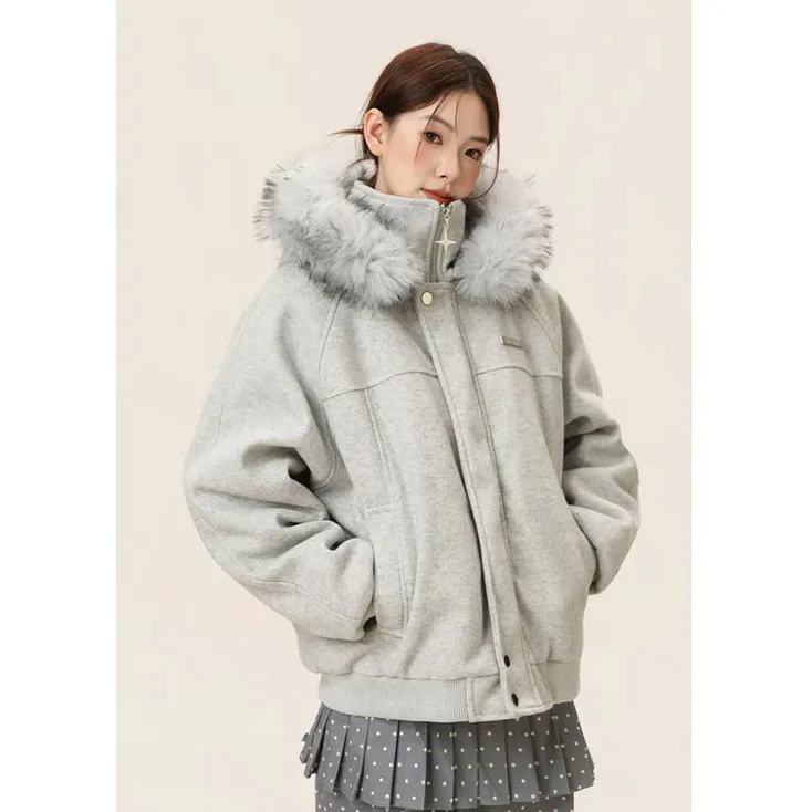 【座山雕毛领连帽】美式休闲毛呢拼接秋冬棉服保暖情侣款上衣外套男