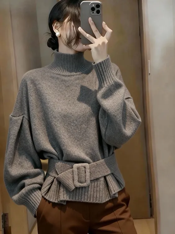 Y176高领长袖套头毛衣女款2025新款秋冬季系带收腰内搭打底针织衫