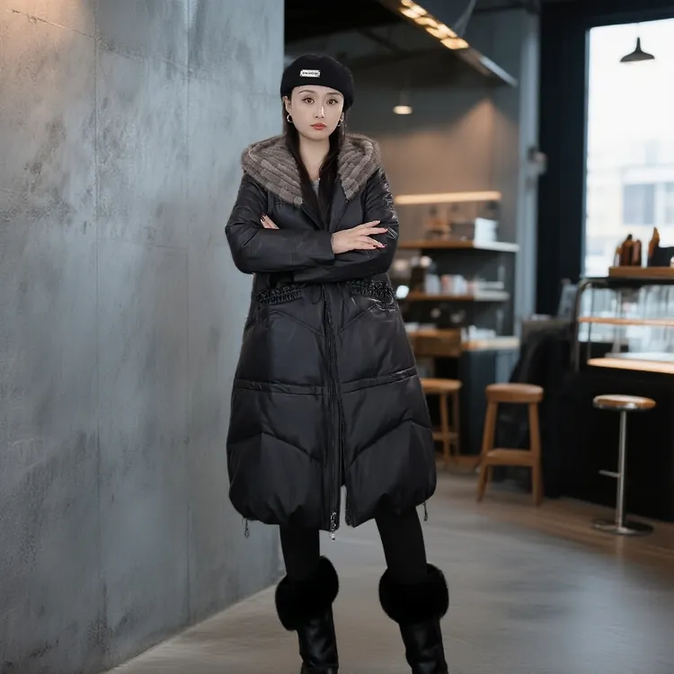 2025新款保暖水貂毛连帽冬季女装真皮外套白鹅绒加厚收腰外套