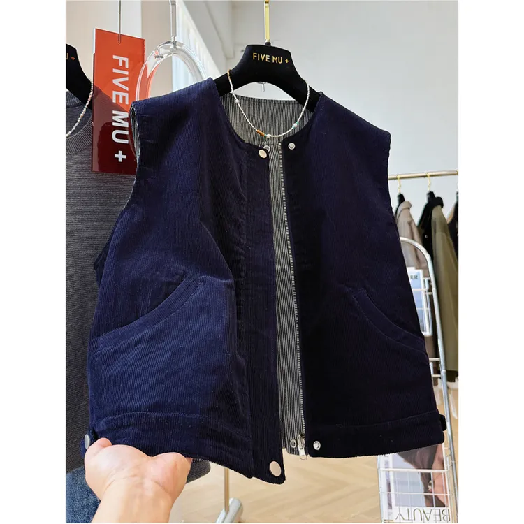 大码300斤男女韩系穿搭灯芯绒两面穿别致叠穿小马甲无袖背心外套