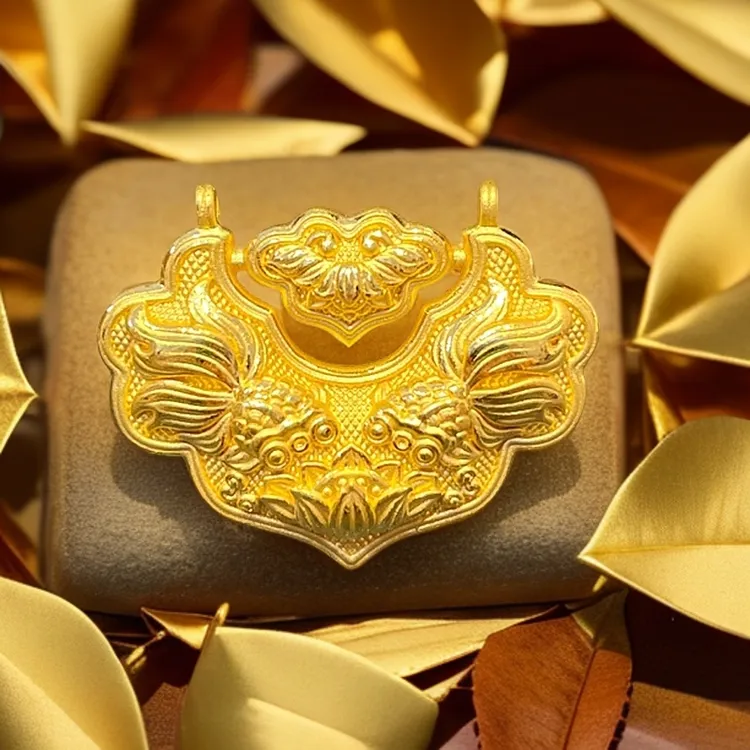 【硬足金锦鲤锁】宫廷黄金真金黄金锁包足金双面祥云锁吊坠挂坠项坠