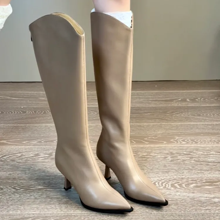 7CM牛皮后拉链靴子秋冬高跟高筒靴骑士时装靴气质长筒白色靴子女