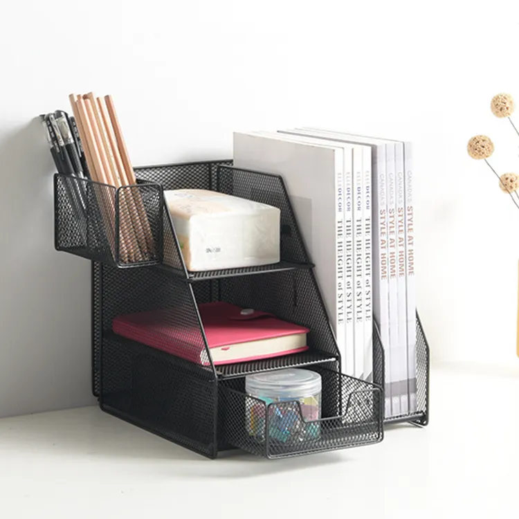 大容量耐用金属文件和杂志收纳架带3层搁板、2列抽屉和笔筒 