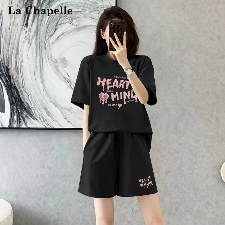 拉夏贝尔运动套装女2025新款夏季纯棉短袖短裤中学生休闲两件装潮