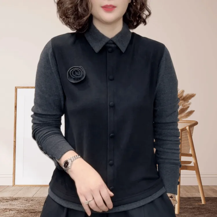 立体玫瑰花拼接高级感撞色长袖上衣女装时尚百搭修身显瘦翻领T恤