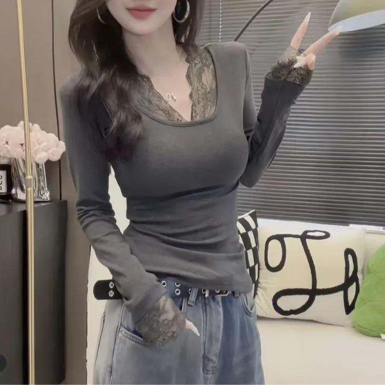 2025秋冬新款圆领蕾丝拼接内搭加绒T恤女修身打底衫上衣6845