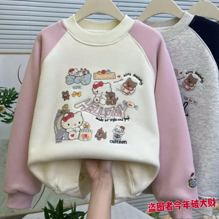 【好看又厚实】女童拼色插肩袖卡通羊羔绒加厚卫衣11652