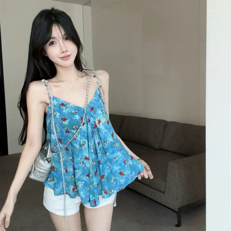 复古甜辣氛围感蓝色碎花吊带背心女夏季新款褶皱宽松性感露背上衣