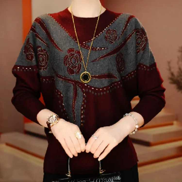 气质高级时尚厚款毛衣长袖针织舒适印花烫钻优雅复古百搭圆领上衣