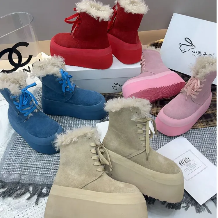 广州欧货【泡泡糖】冬季真皮6cm加厚保暖洋气丑萌时尚厚底雪地靴