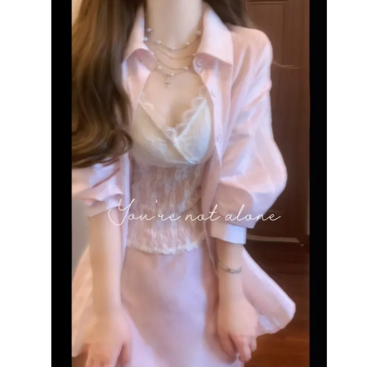 2025夏季新款试试气质法式纯欲风吊带背心防晒衬衫高腰显瘦半身裙