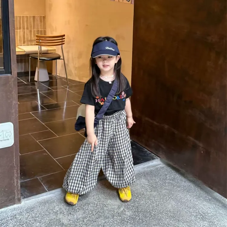 甜小七女童2025夏季时髦休闲百搭字母印花上衣韩版休闲格子裤套装