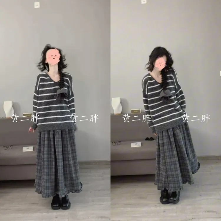 格雷系灰色穿搭韩系V领套头毛女秋冬新款慵懒风宽松上衣+半身裙子