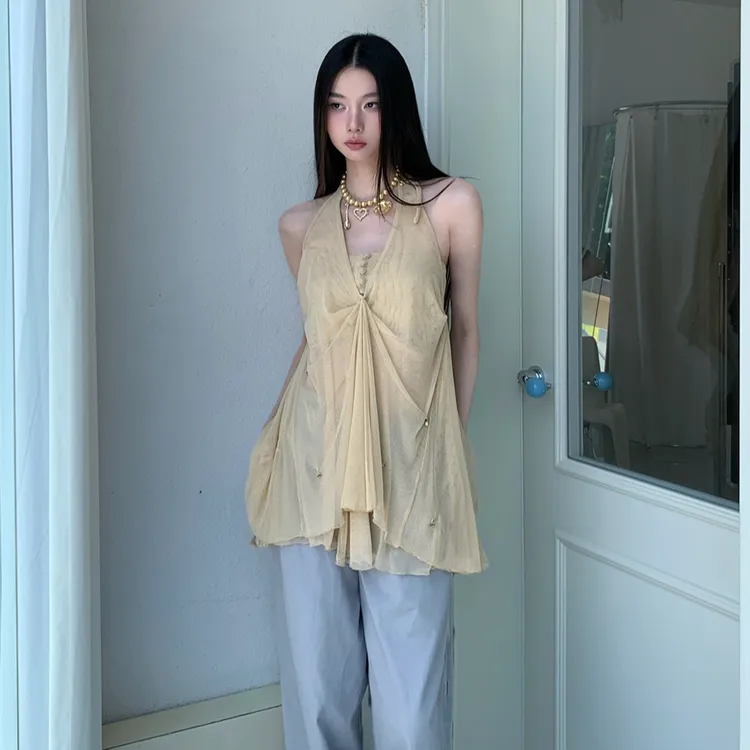 泰式浅卡其网纱抹胸挂脖精致吊坠两件套温柔感吊带背心上衣打底衫