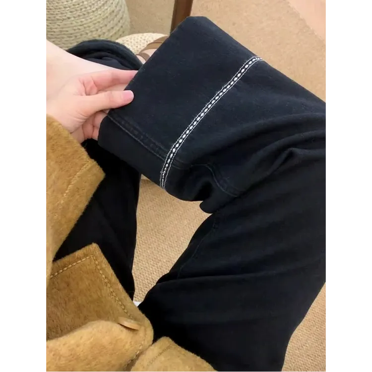 大码胖mm冬季显瘦德绒牛仔窄版直筒裤小个子九分保暖牛仔裤子