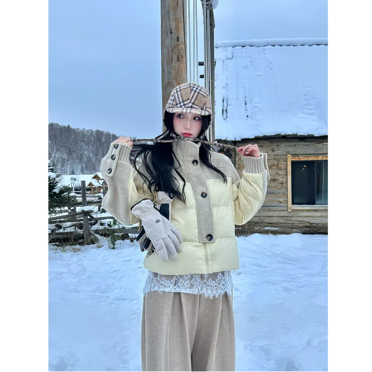 誉芝yuzhi 设计感毛呢拼接立领羽绒服冬季新款加厚保暖高级感外套