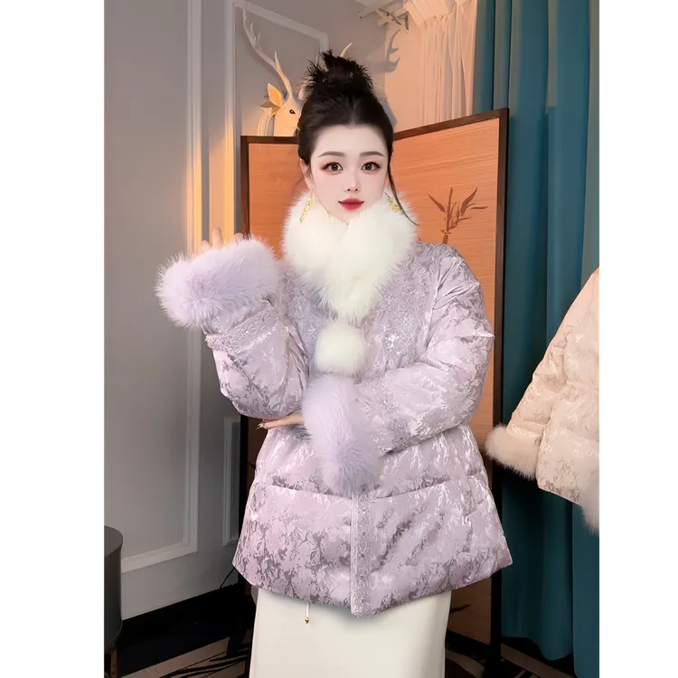 2025新款新中式中长款加厚收腰显瘦重工串珠刺绣轻奢国风棉服外套