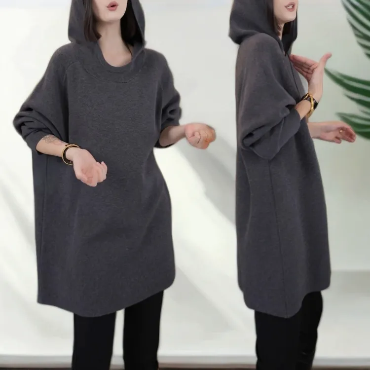 韩版显瘦洋气宽松针织卫衣2025秋冬新款纯色长袖时尚连帽小衫上衣