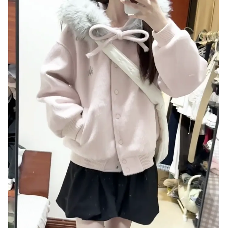 粉色蝴蝶结毛领毛呢夹棉外套女秋冬新款加厚保暖宽松少女百搭上衣