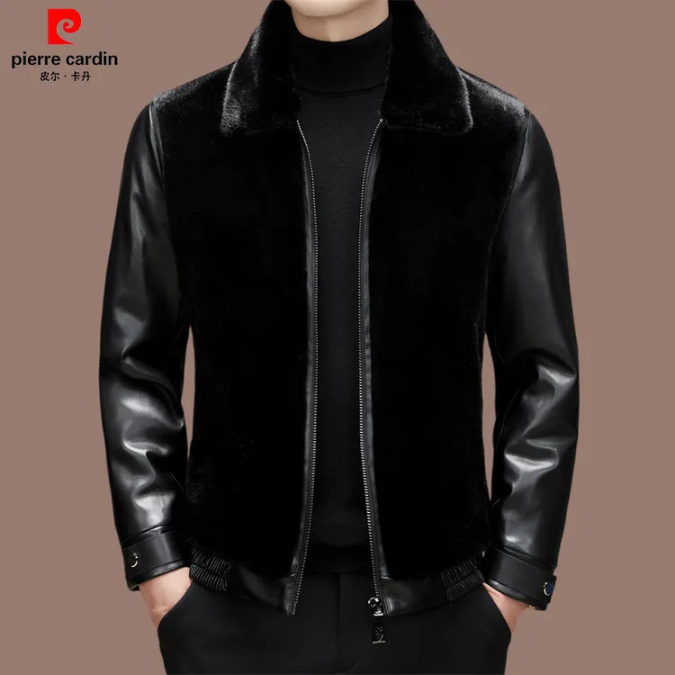 皮尔卡丹 男士貂毛鹅绒内胆皮毛一体外套保暖秋冬皮夹克轻奢上衣