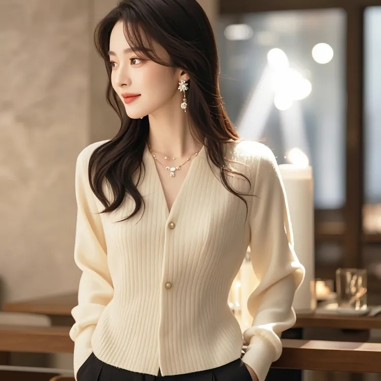 SS2328米白色针织开衫上衣设计感小众高级感气质小香风v领毛衣